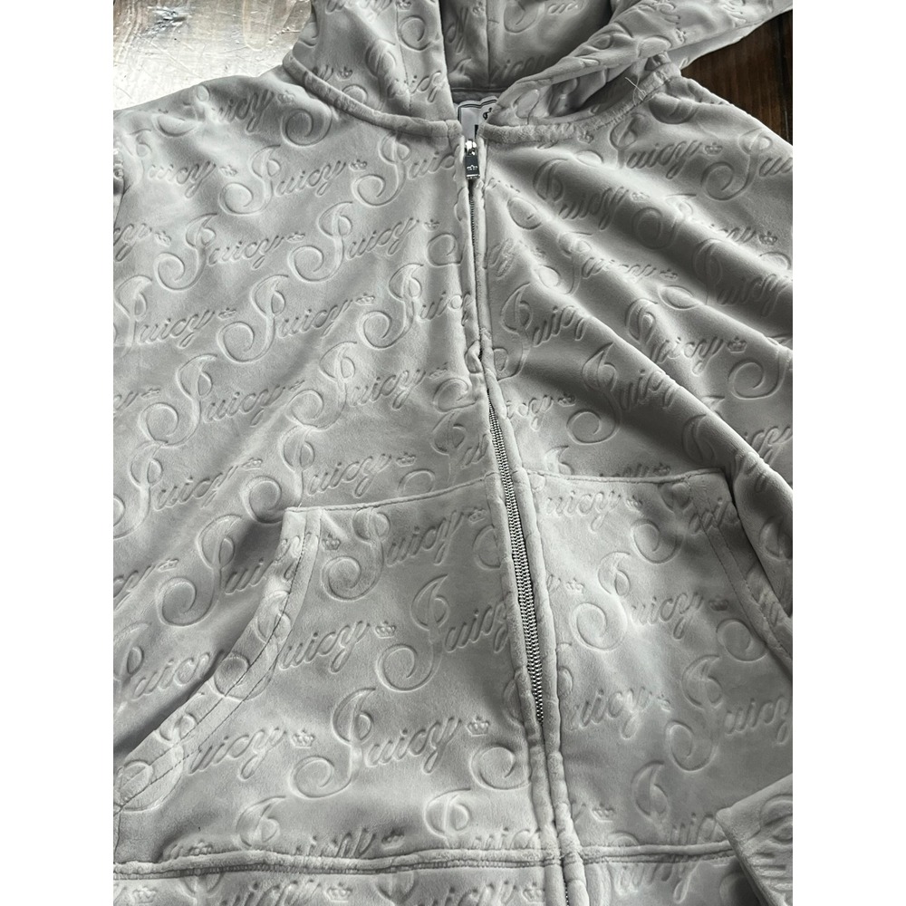 Juicy Couture Velour Zip Up Hoodie Grey Embossed All‎ Over Logo Y2K Size L - Picture 8 of 8